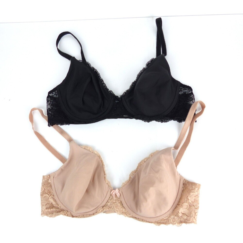 Victoria's Secret Unlined Full Coverage Lace Bra Lot 2 Womens 34B Black Beige